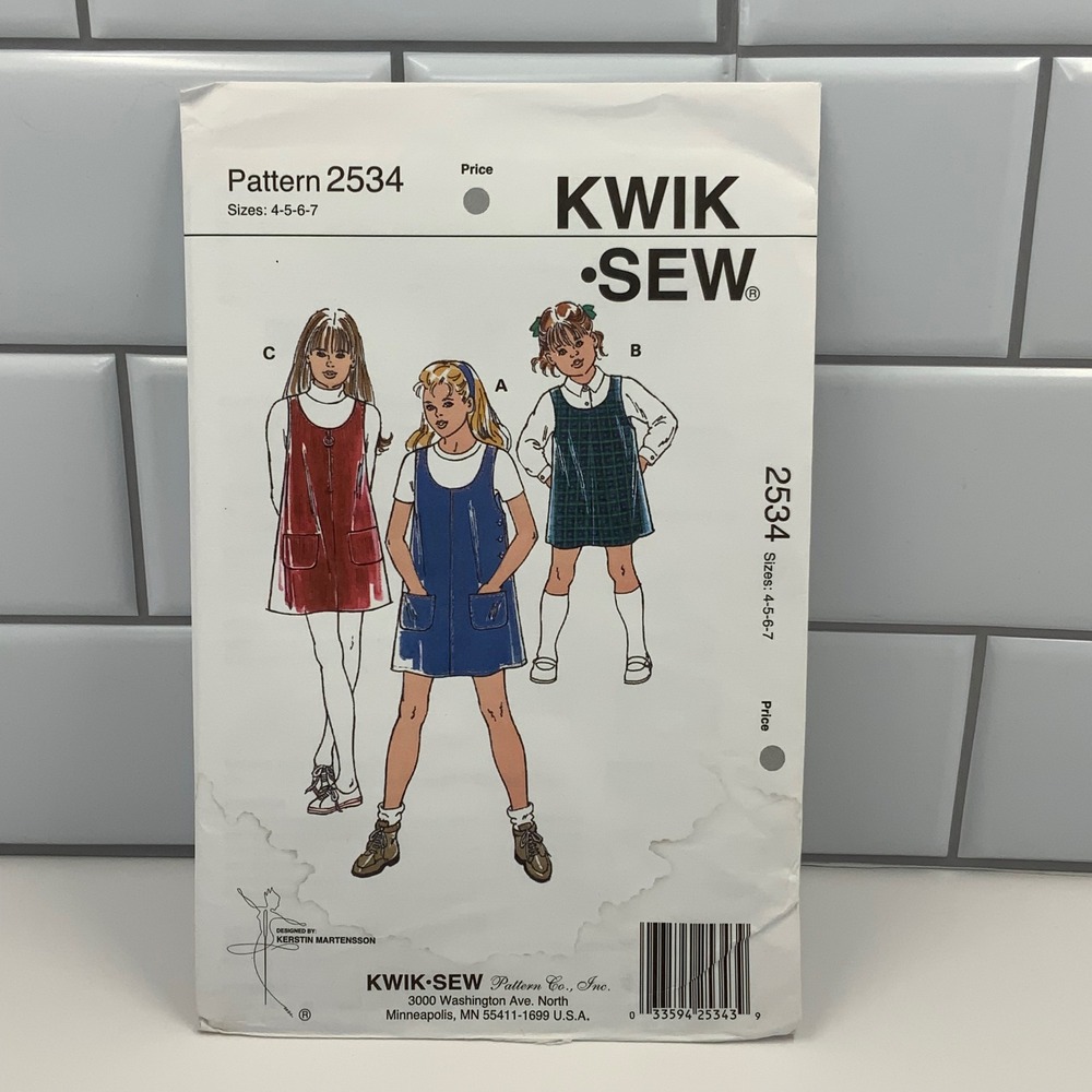 Kwik Sew 2534 Girls Jumper Sewing Pattern Sizes 4-5-6-7 A-Line Pockets Zipper
